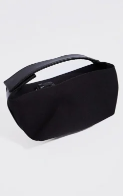 Black Linen Slouchy PU Wrap Around Handle Hand Bag