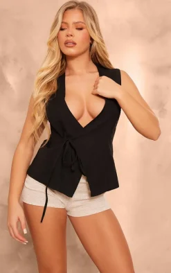 Black Linen Wrap Tie Front Waist Coat