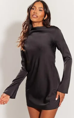 Black Long Flare Sleeve Satin Strappy Back Shift Dress