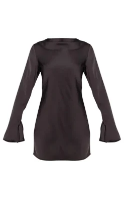 Black Long Flare Sleeve Satin Strappy Back Shift Dress