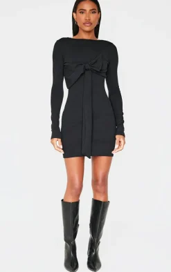 Black Long Sleeve Bow Detail Mini Dress