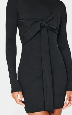 Black Long Sleeve Bow Detail Mini Dress