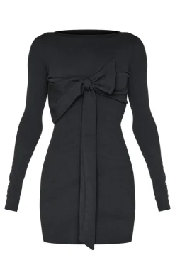 Black Long Sleeve Bow Detail Mini Dress