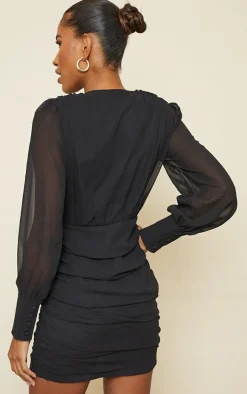 Black Long Sleeve Chiffon Ruched Bodycon Dress