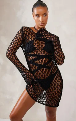 Black Long Sleeve Crochet Floaty Mini Dress