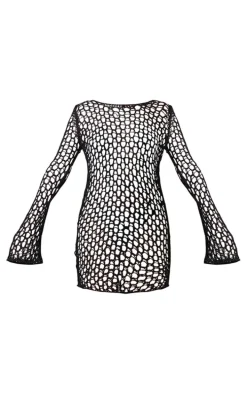 Black Long Sleeve Crochet Floaty Mini Dress