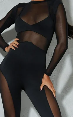 Black Long Sleeve Mesh Panelled Jumpsuit