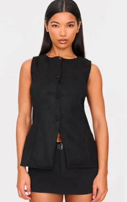 Black Longline Faux Suede Vest