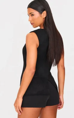 Black Longline Faux Suede Vest