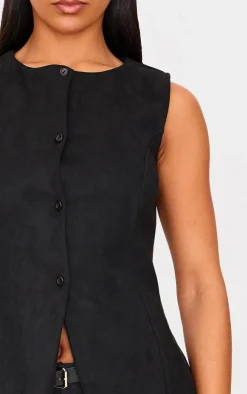 Black Longline Faux Suede Vest