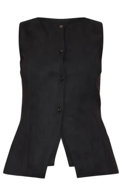 Black Longline Faux Suede Vest