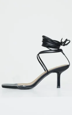 Black Low Heel Clear Strap Ankle Tie Sandal