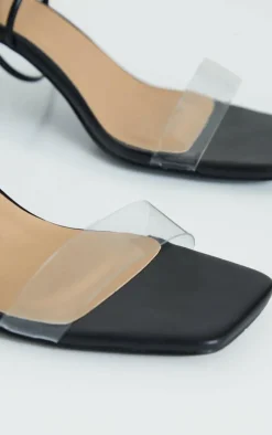 Black Low Heel Clear Strap Ankle Tie Sandal