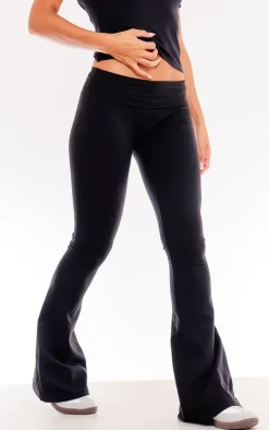 Black Low Rise Fold Over Waist Snatched Sculpt Flared Pants