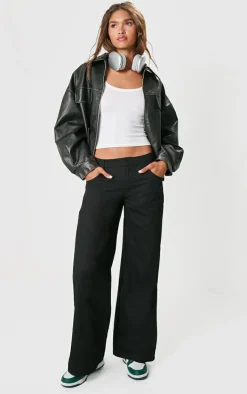 Black Low Rise Twill Wide Leg Pants