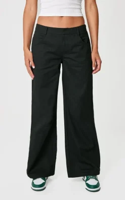Black Low Rise Twill Wide Leg Pants