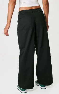 Black Low Rise Twill Wide Leg Pants