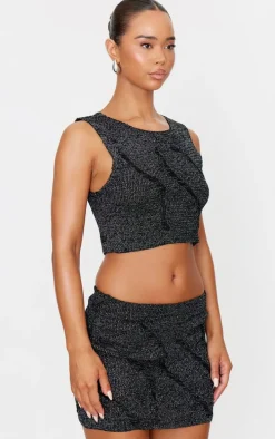 Black Lurex Knitted Contrast Detail Mini Skirt