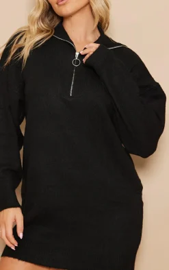 Black Luxe Knit Half Zip Sweater Dress