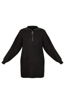 Black Luxe Knit Half Zip Sweater Dress
