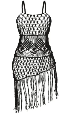 Black Macrame Tassel Asymmetric Beach Dress