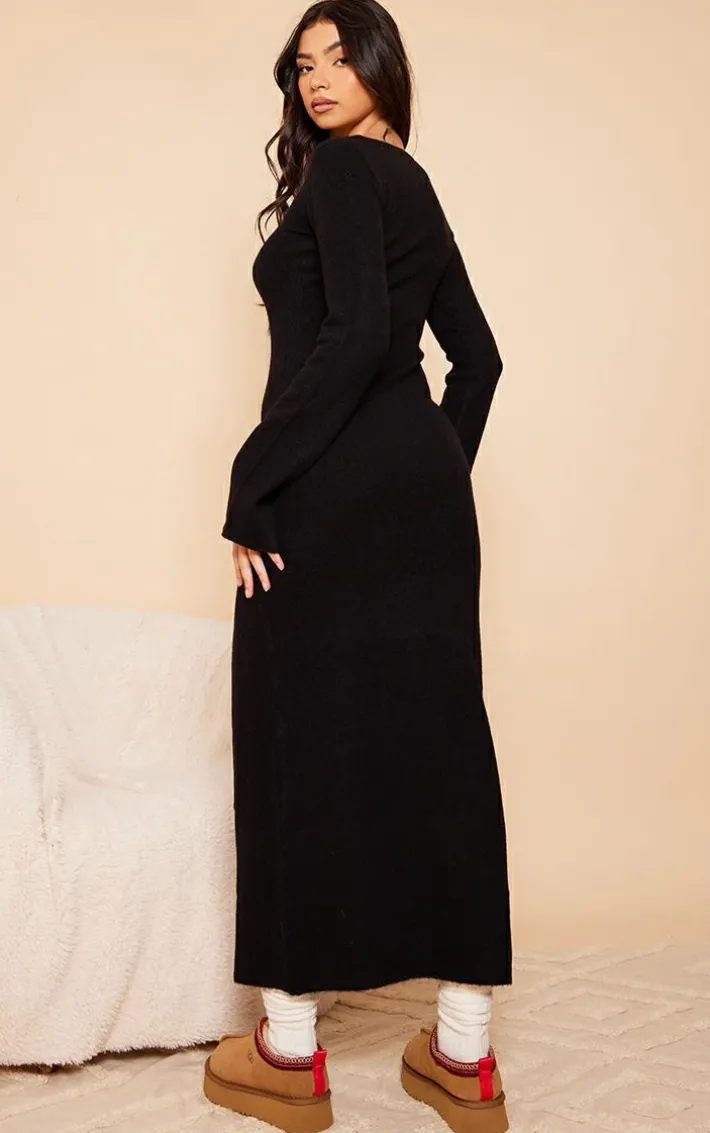 Black Marl Knit Scoop Neck Side Split Maxi Dress