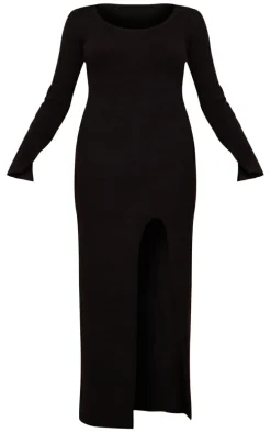 Black Marl Knit Scoop Neck Side Split Maxi Dress