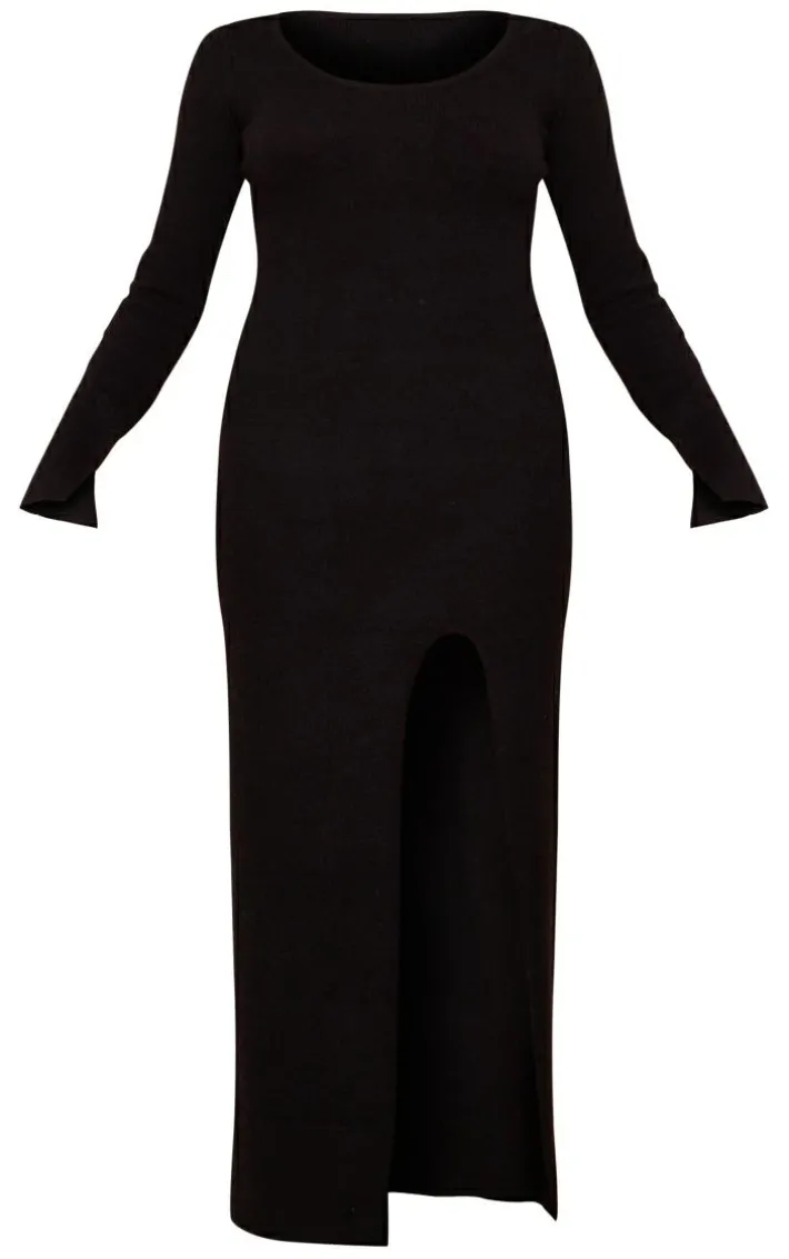 Black Marl Knit Scoop Neck Side Split Maxi Dress