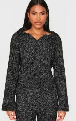 Black Marl Knit V Neck Oversized Sweater
