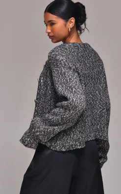 Black Marl Textured Bobble Knit Button Up Pocket Detail Cardigan