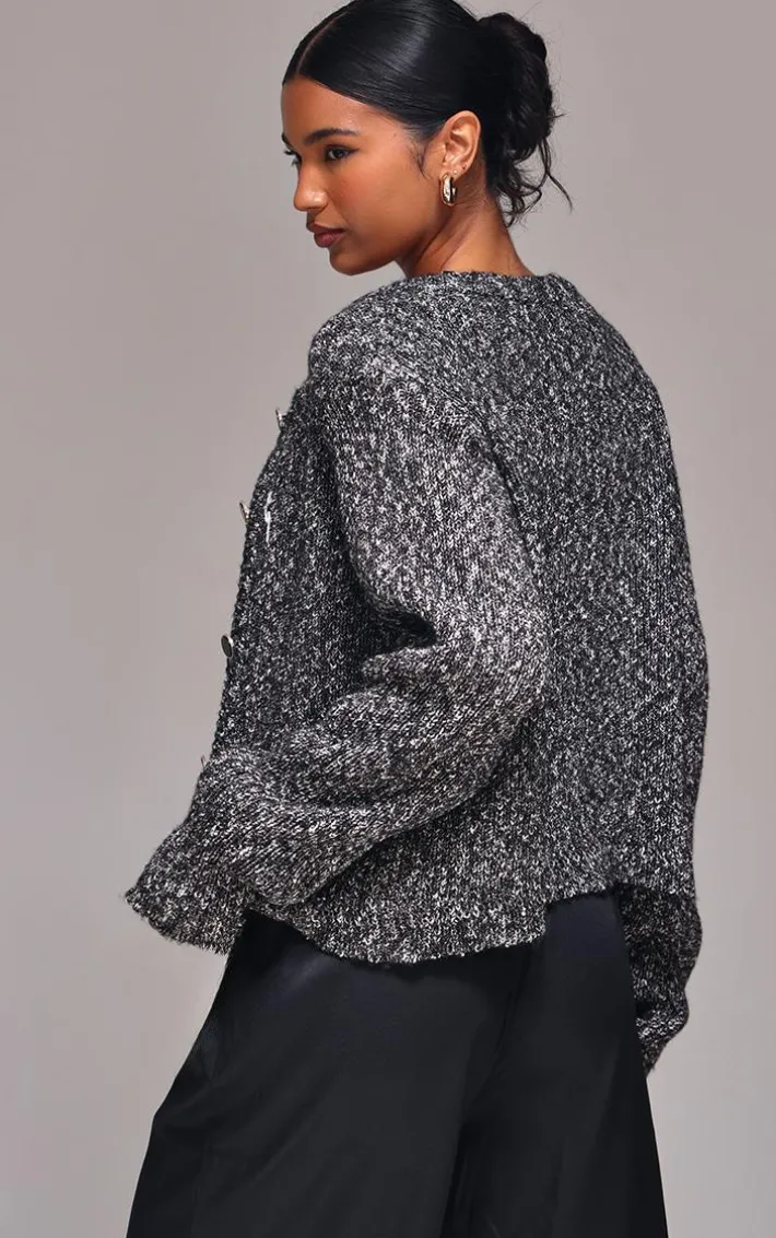 Black Marl Textured Bobble Knit Button Up Pocket Detail Cardigan