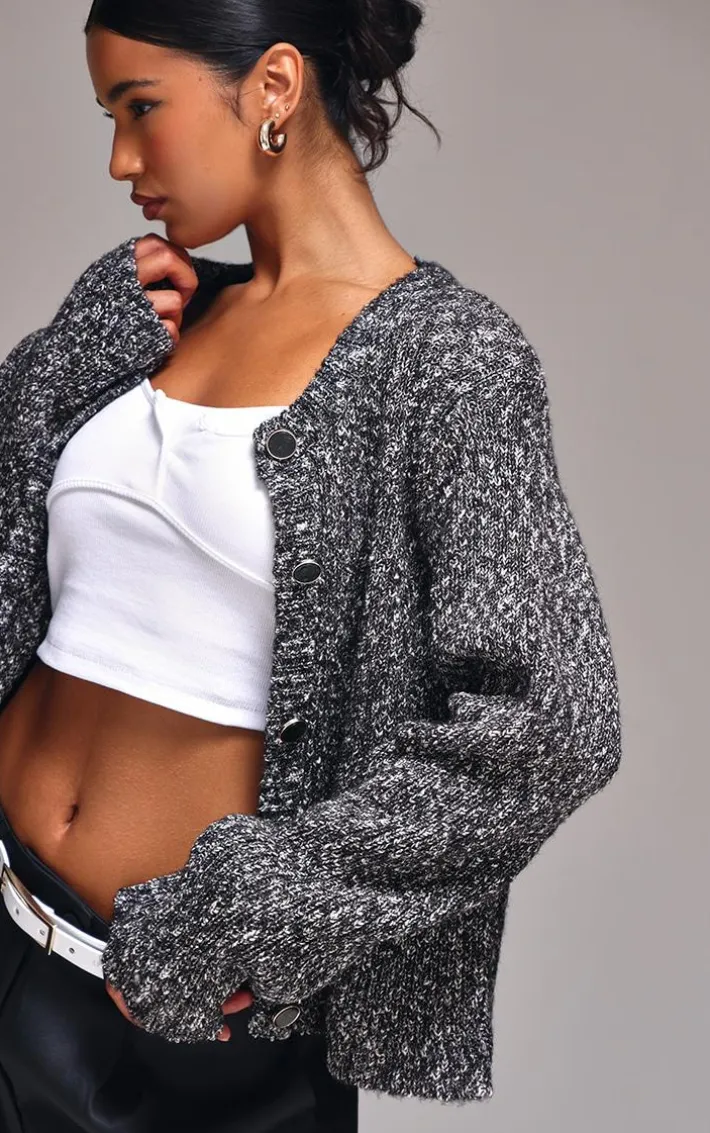 Black Marl Textured Bobble Knit Button Up Pocket Detail Cardigan