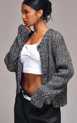 Black Marl Textured Bobble Knit Button Up Pocket Detail Cardigan