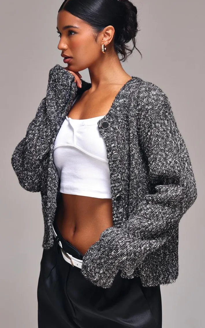 Black Marl Textured Bobble Knit Button Up Pocket Detail Cardigan