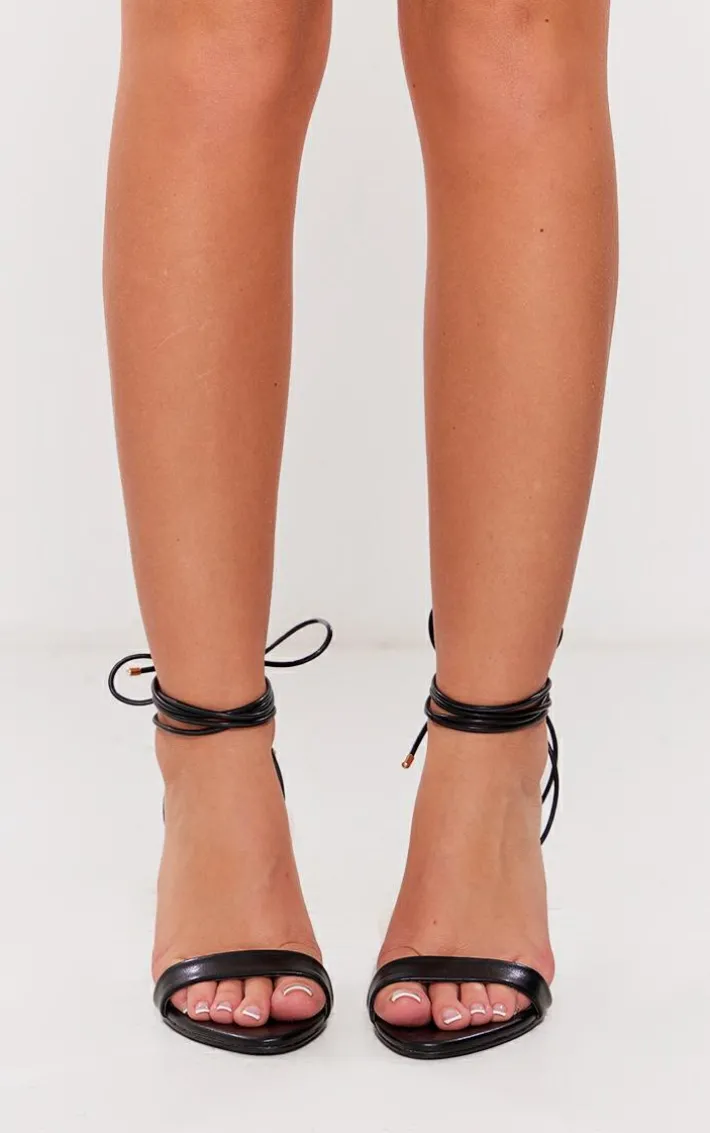 Black Matte PU Rounded Point Toe Lace Up Heeled Sandals