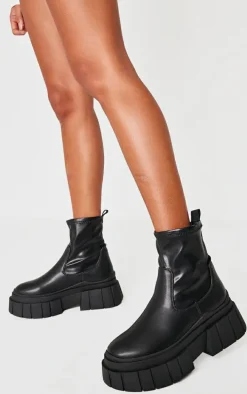 Black Matte Round Toe Chunky Sole Chelsea Boots