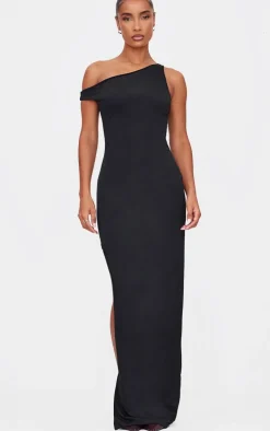 Black Matte Sculpt Asymmetric Neck Maxi Dress