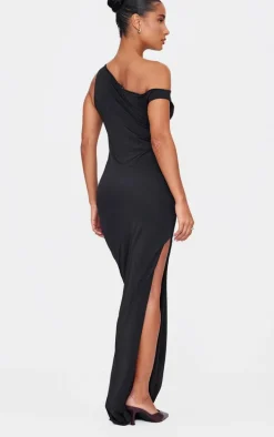 Black Matte Sculpt Asymmetric Neck Maxi Dress