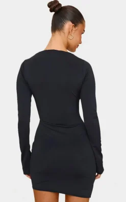 Black Matte Sculpt Boat Neck Long Sleeve Mini Dress