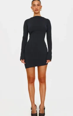 Black Matte Sculpt Boat Neck Long Sleeve Mini Dress