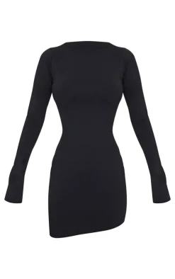 Black Matte Sculpt Boat Neck Long Sleeve Mini Dress