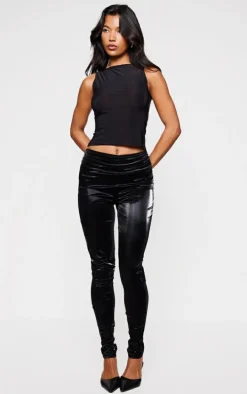 Black Matte Vinyl Low Rise Fold Over Waist Pants