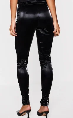 Black Matte Vinyl Low Rise Fold Over Waist Pants