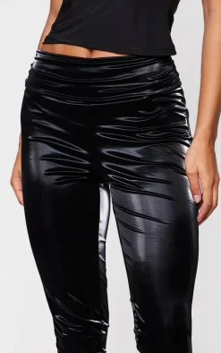 Black Matte Vinyl Low Rise Fold Over Waist Pants