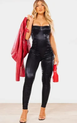 Black Matte Vinyl Underwired Strappy Jumpsuit