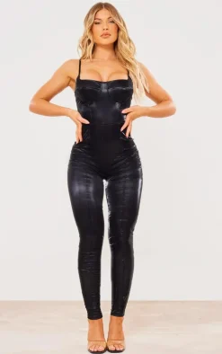 Black Matte Vinyl Underwired Strappy Jumpsuit