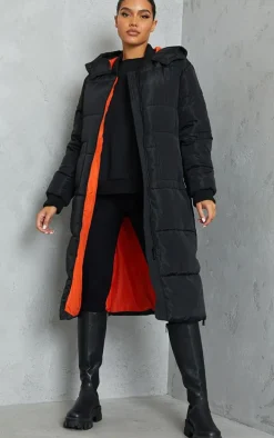 Black Maxi Contrast Hooded Puffer