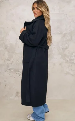 Black Maxi Panel Detail Belted Coat