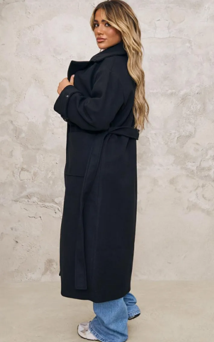 Black Maxi Panel Detail Belted Coat