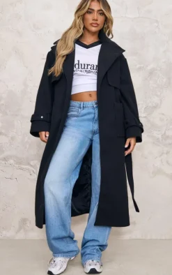 Black Maxi Panel Detail Belted Coat